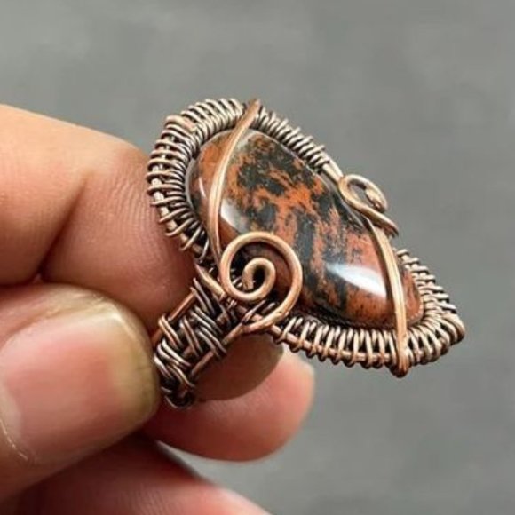 Stunning Mahogany Obsidian Ring Size 8 Copper Wire - Picture 1 of 4